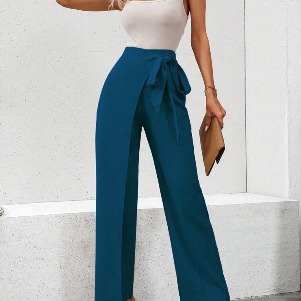SHEIN Teal Wide Leg Pants with Tie Waist